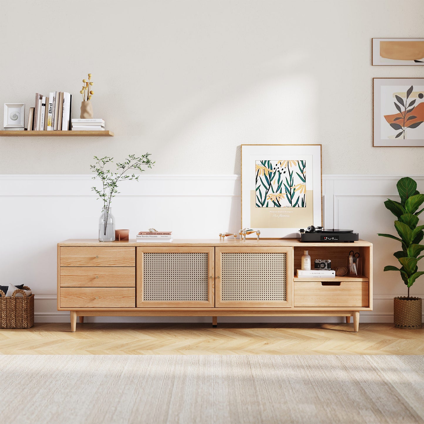 Modern Farmhouse TV Stand Natural Oak With 4 Drawers For Storage