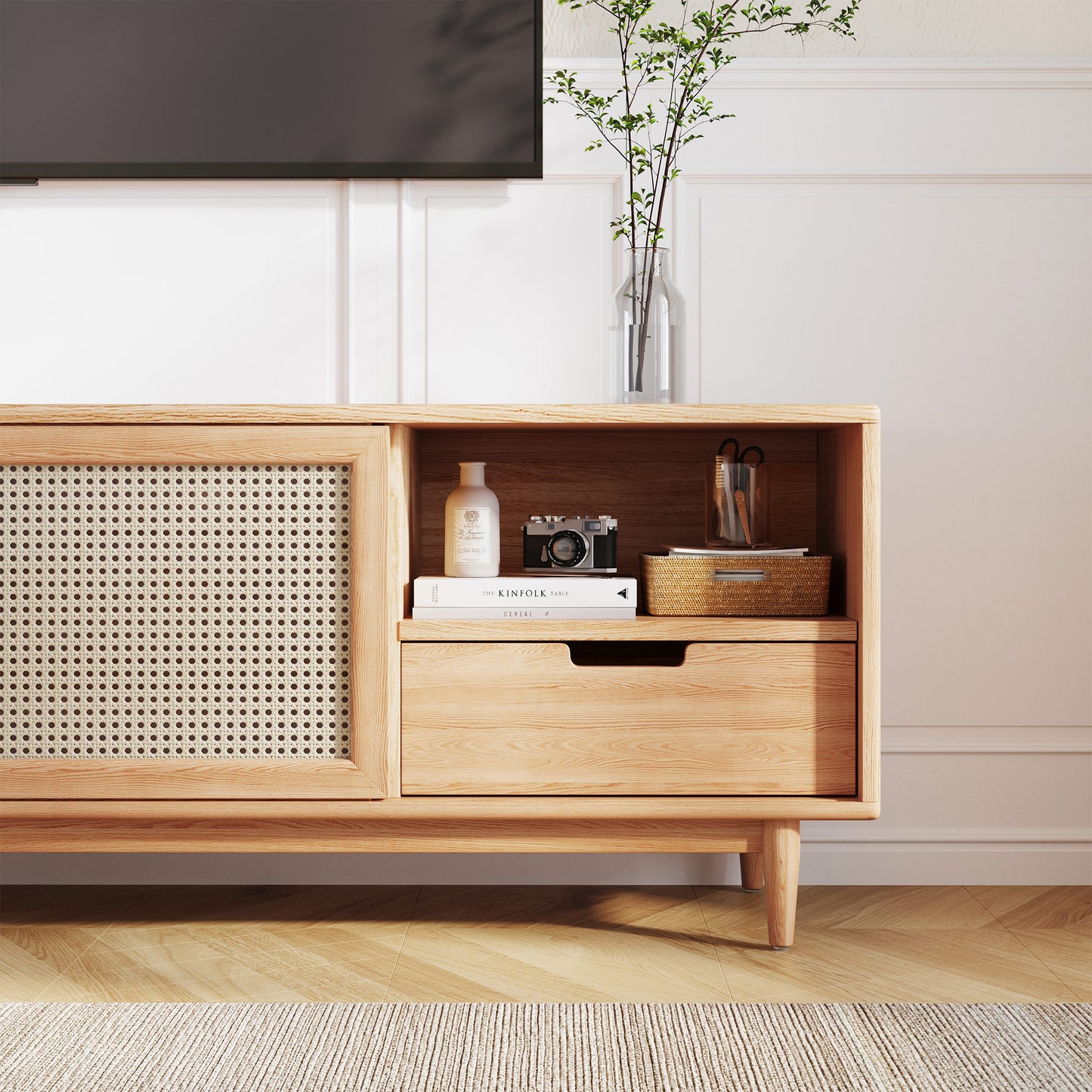 Modern Farmhouse TV Stand Natural Oak With 4 Drawers For Storage