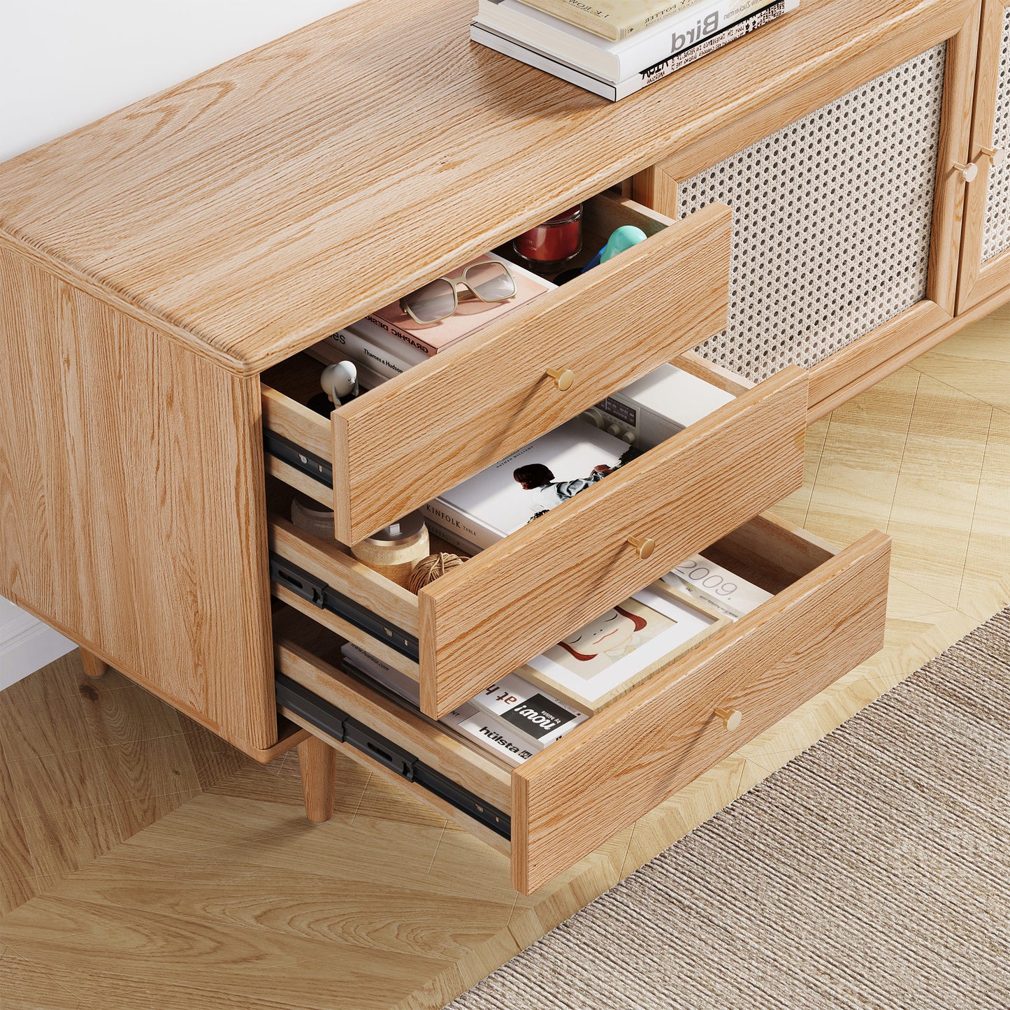 Modern Farmhouse TV Stand Natural Oak With 4 Drawers For Storage