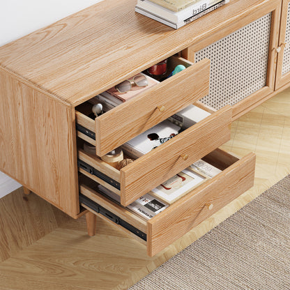 Modern Farmhouse TV Stand Natural Oak With 4 Drawers For Storage