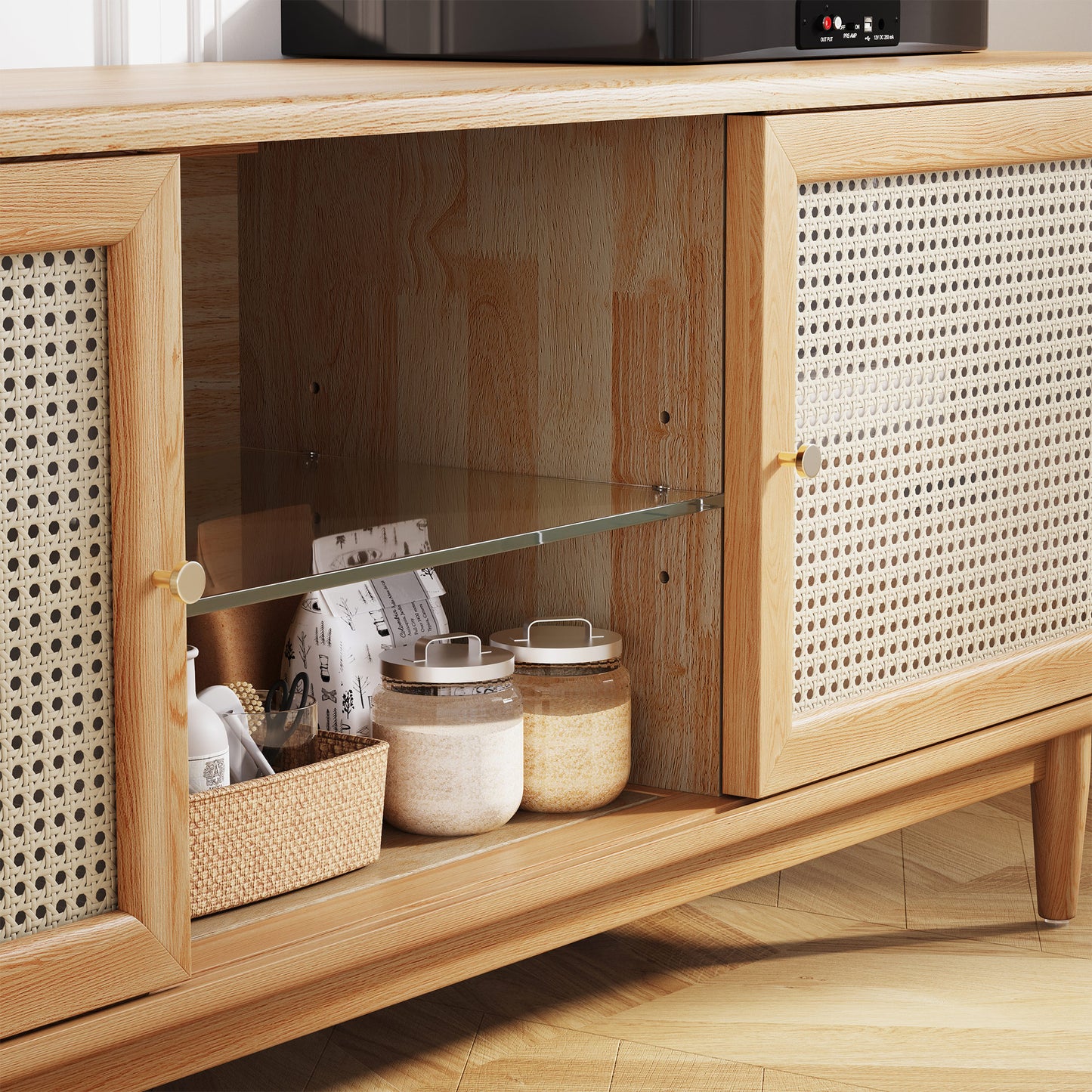 Modern Farmhouse TV Stand Natural Oak With 4 Drawers For Storage