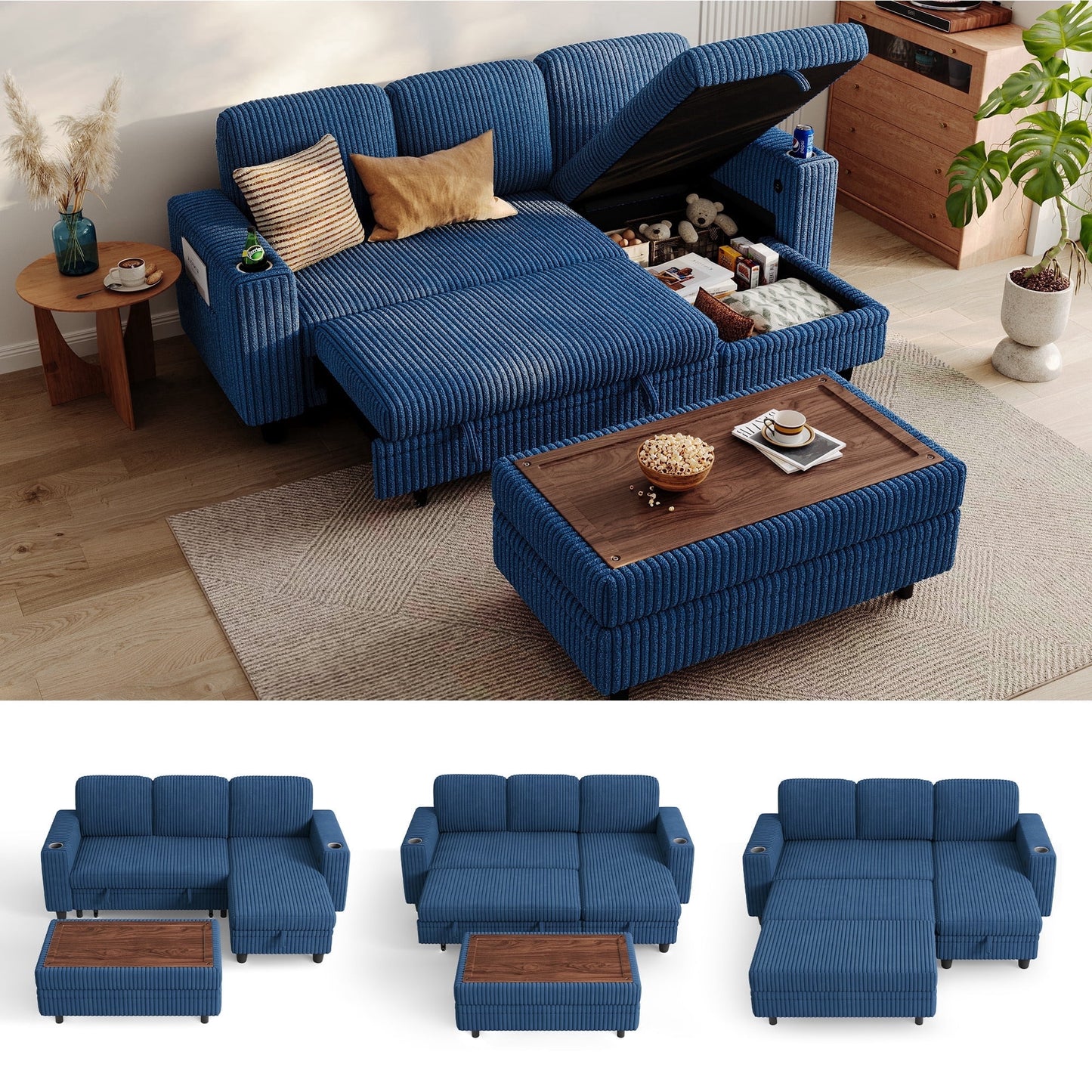 LINSY HOME Modular Sectional Sofa for Living Room, Sofa Bed with Storage Seat, Pull Out Couch Bed with Storage Ottoman, Dark Blue