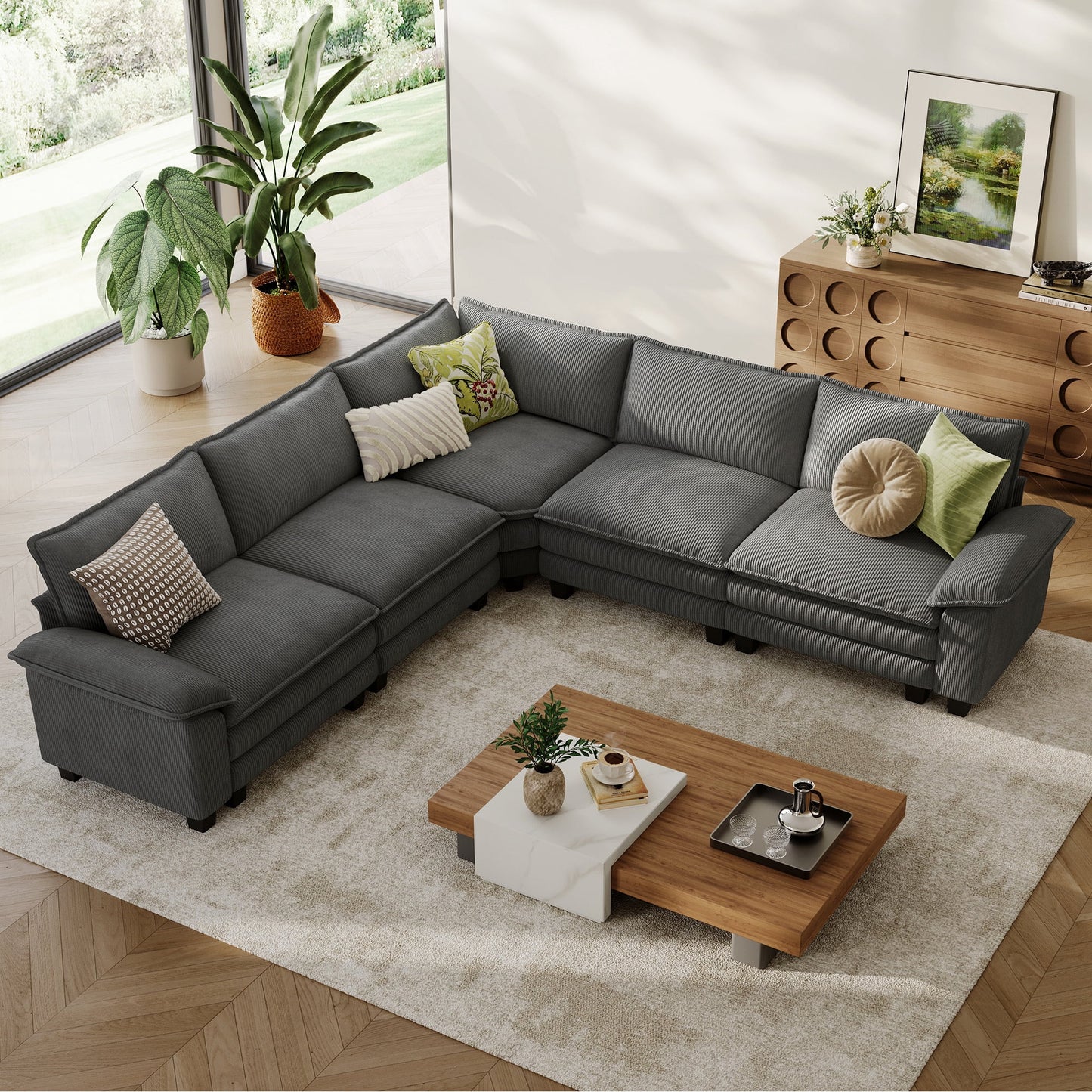 Linsy Home 119in Cloud Modular Sectional Sofa for Living Room, V-Shaped Cloud Sofa Couch with Corduroy Fabric, 4 Seat Oversized Couch with Corner Seat, Grey