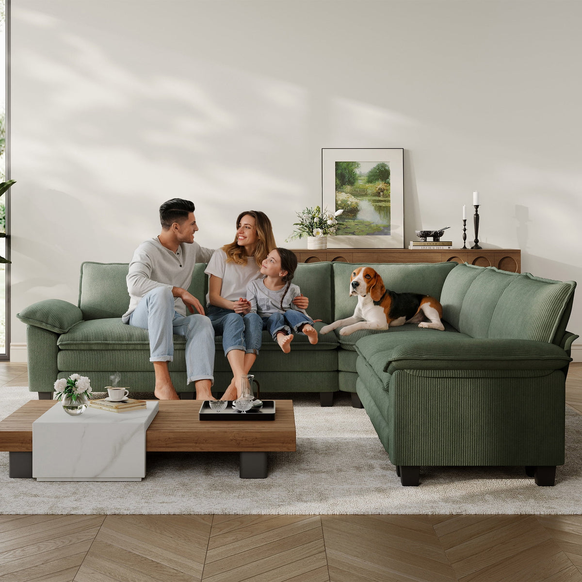 Linsy Home 119in Cloud Modular Sectional Sofa for Living Room, V-Shaped Cloud Sofa Couch with Corduroy Fabric, 4 Seat Oversized Couch with Corner Seat, Green