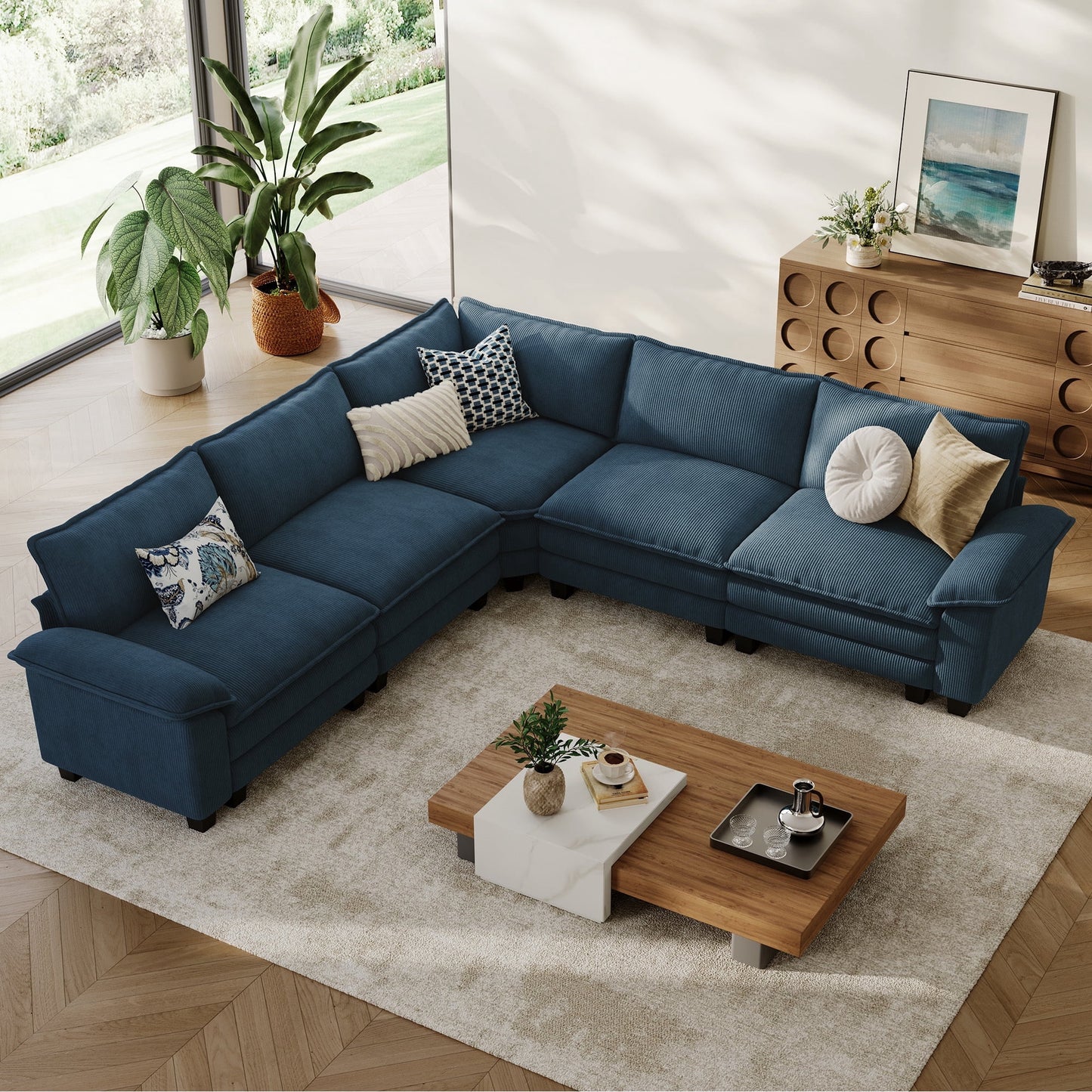 LINSY HOME 119in Cloud Modular Sectional Sofa for Living Room, V-Shaped Cloud Sofa Couch with Corduroy Fabric, 4 Seat Oversized Couch with Corner Seat, Blue