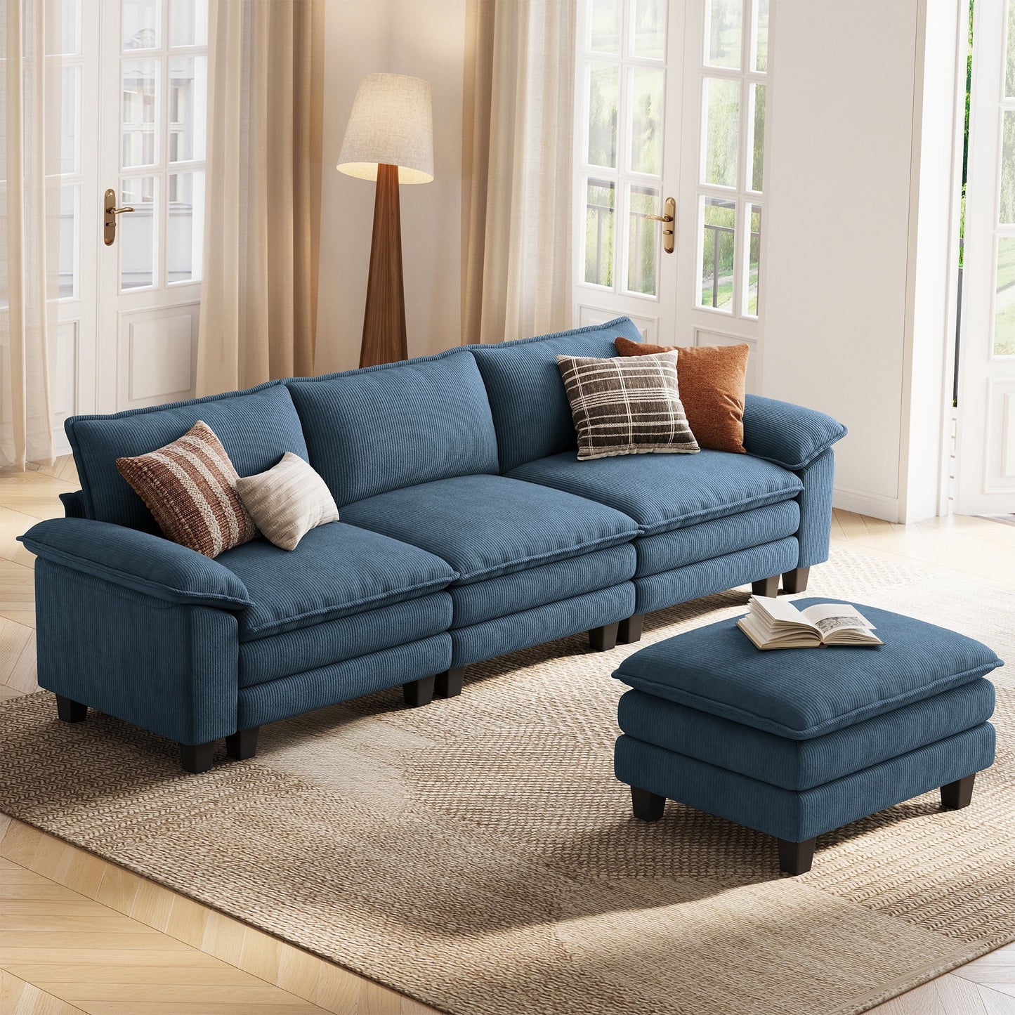 LINSY HOME 123in Cloud Modular Sectional Sofa for Living Room, L-Shaped Cloud Sofa Couch with Corduroy Fabric, 3 Seat Oversized Couch with Movable Ottoman, Blue