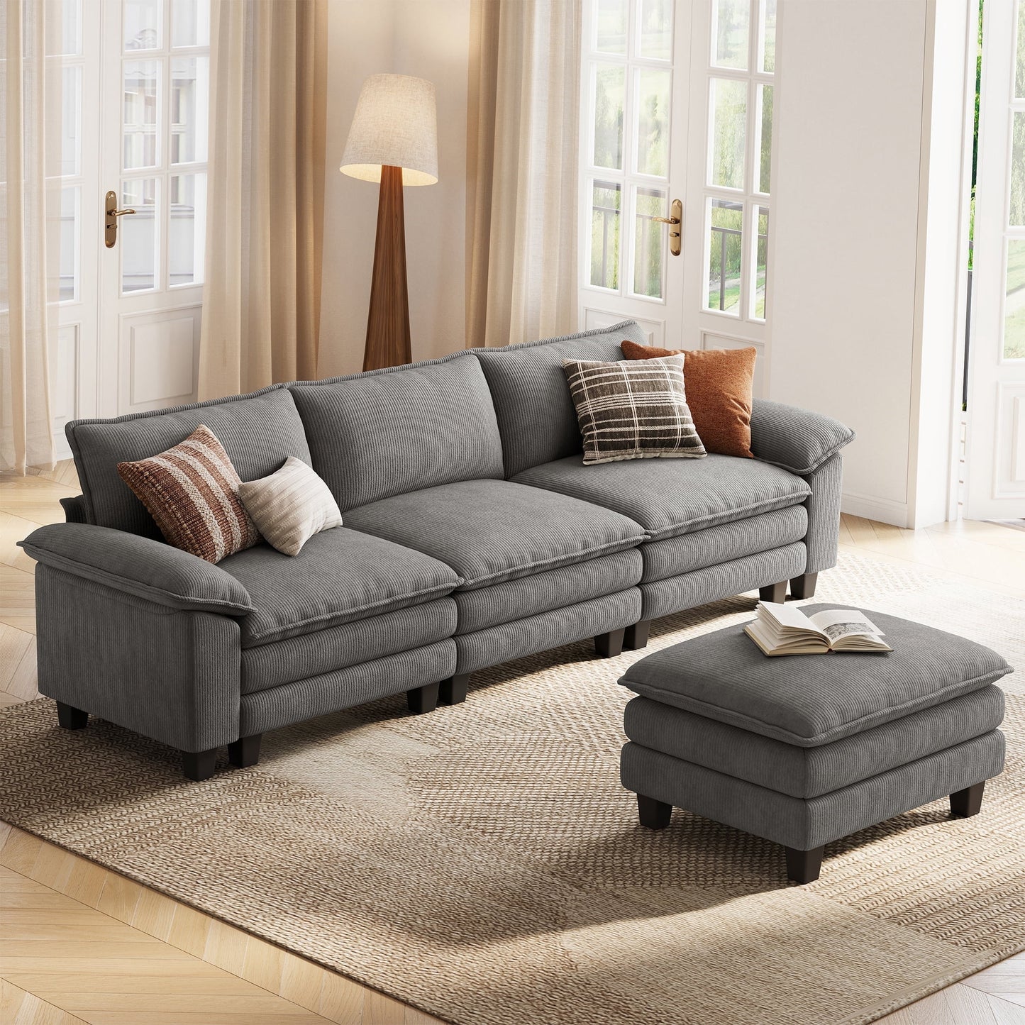 LINSY HOME 123in Cloud Modular Sectional Sofa for Living Room, L-Shaped Cloud Sofa Couch with Corduroy Fabric, 3 Seat Oversized Couch with Movable Ottoman, Grey