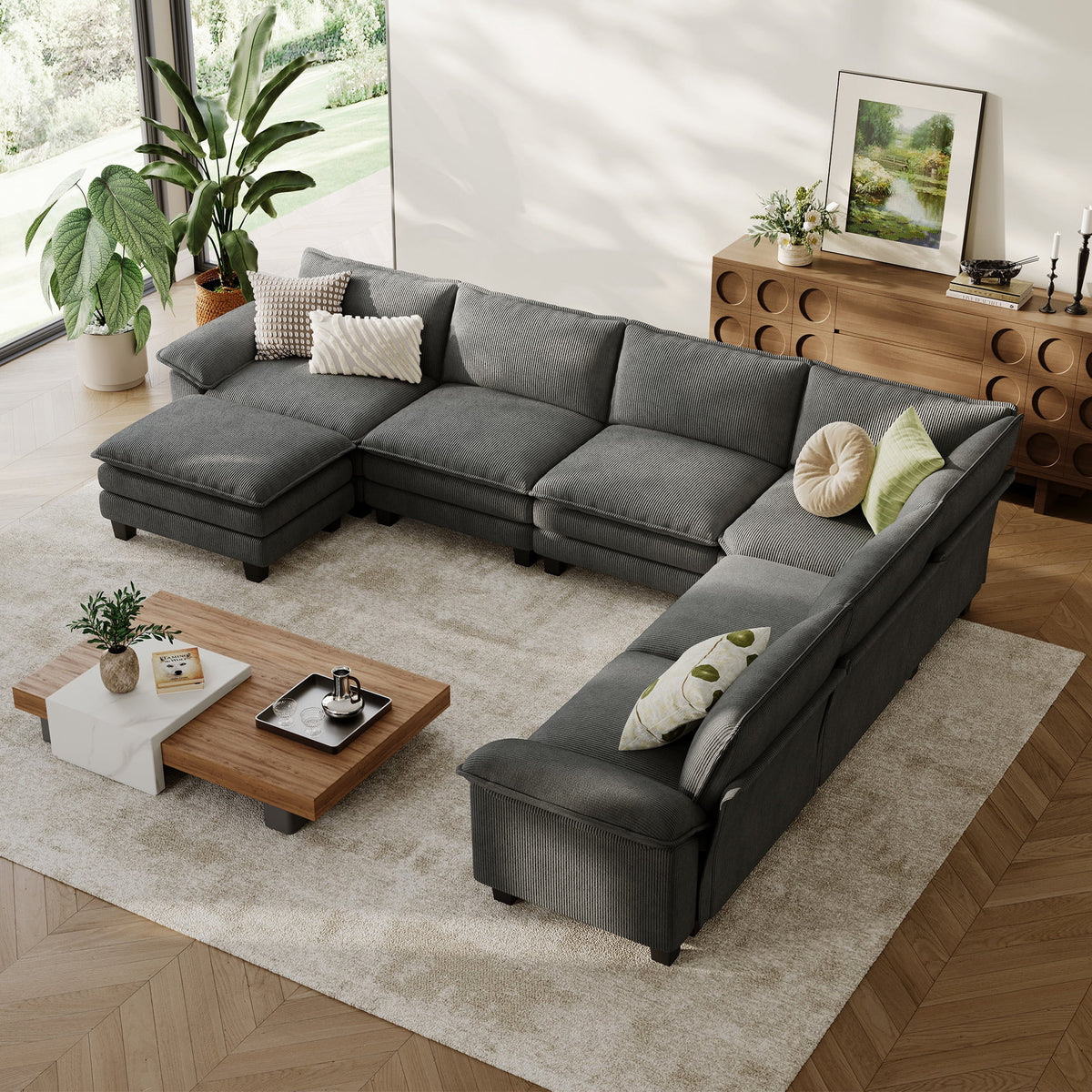 Linsy Home 153in Cloud Modular Sectional Sofa for Living Room, V-Shaped Cloud Sofa Couch with Corduroy Fabric, 5 Seat Oversized Couch with Corner Seat&Movable Ottoman, Grey