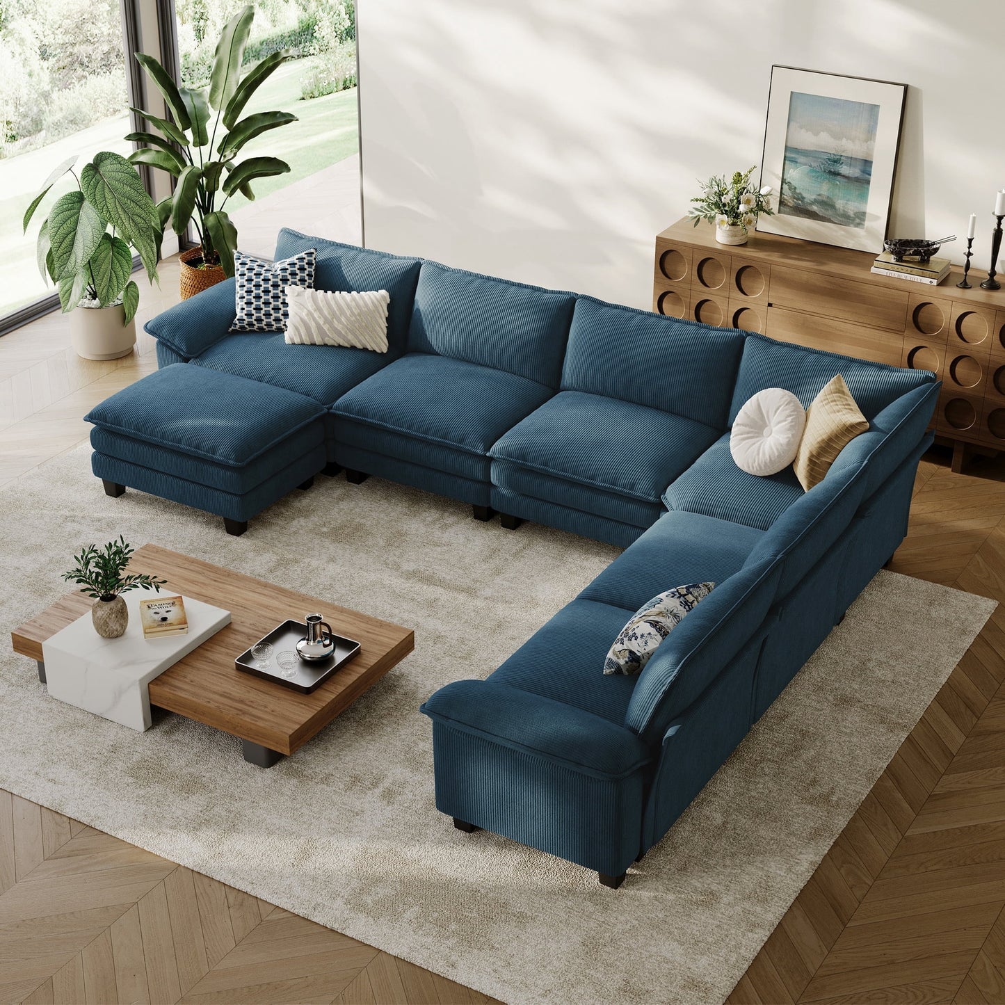 LINSY HOME 153in Cloud Modular Sectional Sofa for Living Room, V-Shaped Cloud Sofa Couch with Corduroy Fabric, 5 Seat Oversized Couch with Corner Seat&Movable Ottoman, Blue