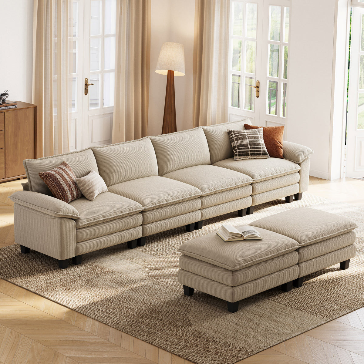 Linsy Home 157in Cloud Modular Sectional Sofa for Living Room, U-Shaped Cloud Sofa Couch with Corduroy Fabric, 4 Seat Oversized Couch with 2 Movable Ottomans, Beige