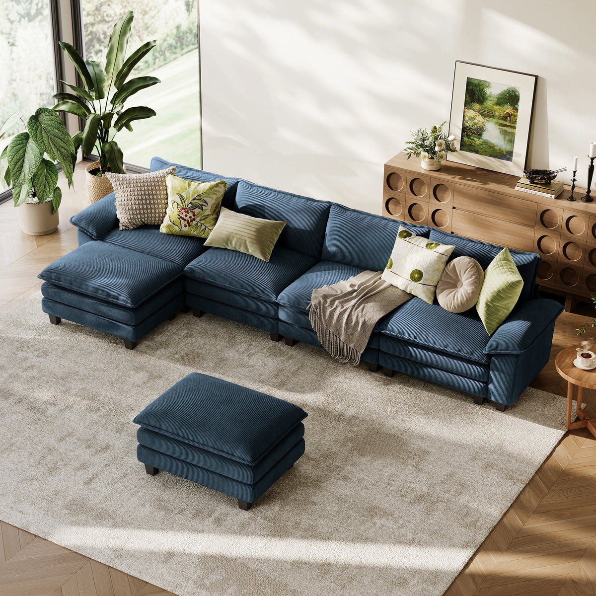 LINSY Home  Modular Sectional Sofa for Living Room, U-Shaped Cloud Sofa Couch with Corduroy Fabric, 4 Seater Sofa Couch with 2 Ottomans, Blue