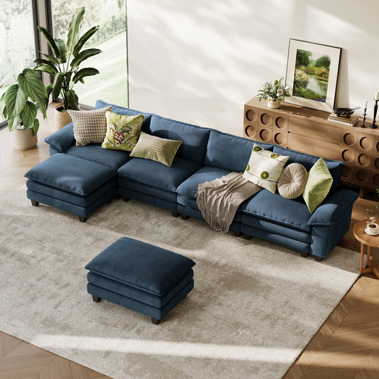 LINSY Home  Modular Sectional Sofa for Living Room, U-Shaped Cloud Sofa Couch with Corduroy Fabric, 4 Seater Sofa Couch with 2 Ottomans, Blue
