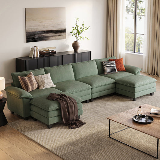 LINSY HOME Modular Sectional Sofa for Living Room, U-Shaped Cloud Sofa Couch with 2 Ottomans, Green