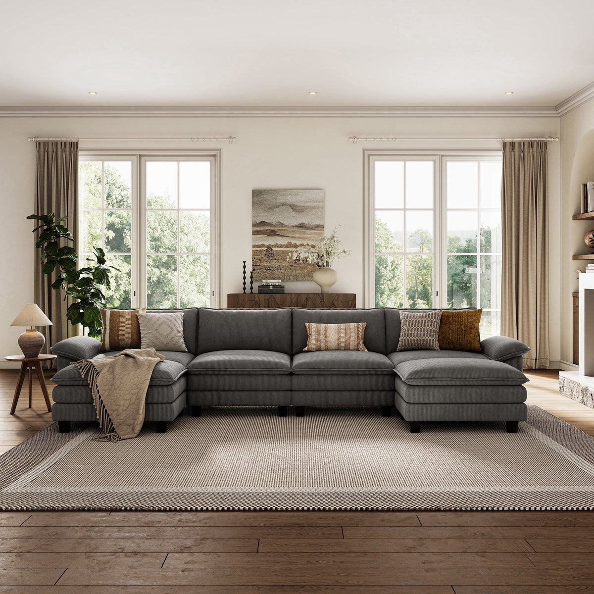 LINSY HOME Modular Sectional Sofa for Living Room,  U-Shaped Cloud Sofa Couch with Corduroy Fabric, 4 Seater Sofa Couch with 2 Movable Ottomans, Grey