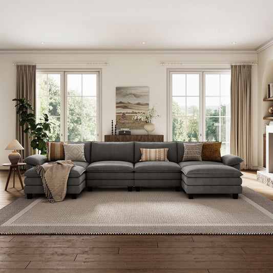 LINSY HOME Modular Sectional Sofa for Living Room,  U-Shaped Cloud Sofa Couch with Corduroy Fabric, 4 Seater Sofa Couch with 2 Movable Ottomans, Grey