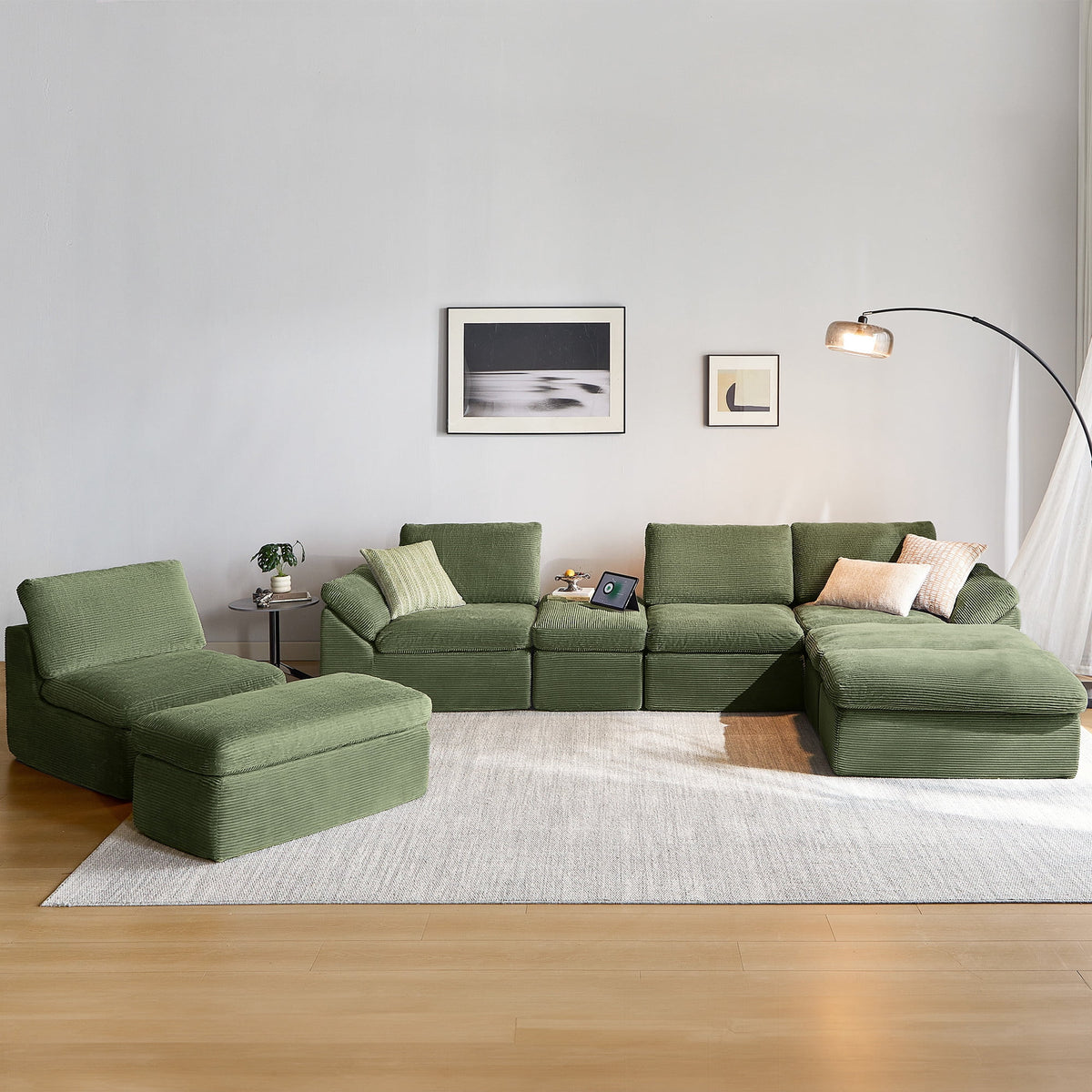 Linsy Home 2 Piece Sofa Set for Living Room, Cloud Modular Sectional Sofa with Deep Seating, Oversized Boneless Couch Set with Corduroy Fabric, Green