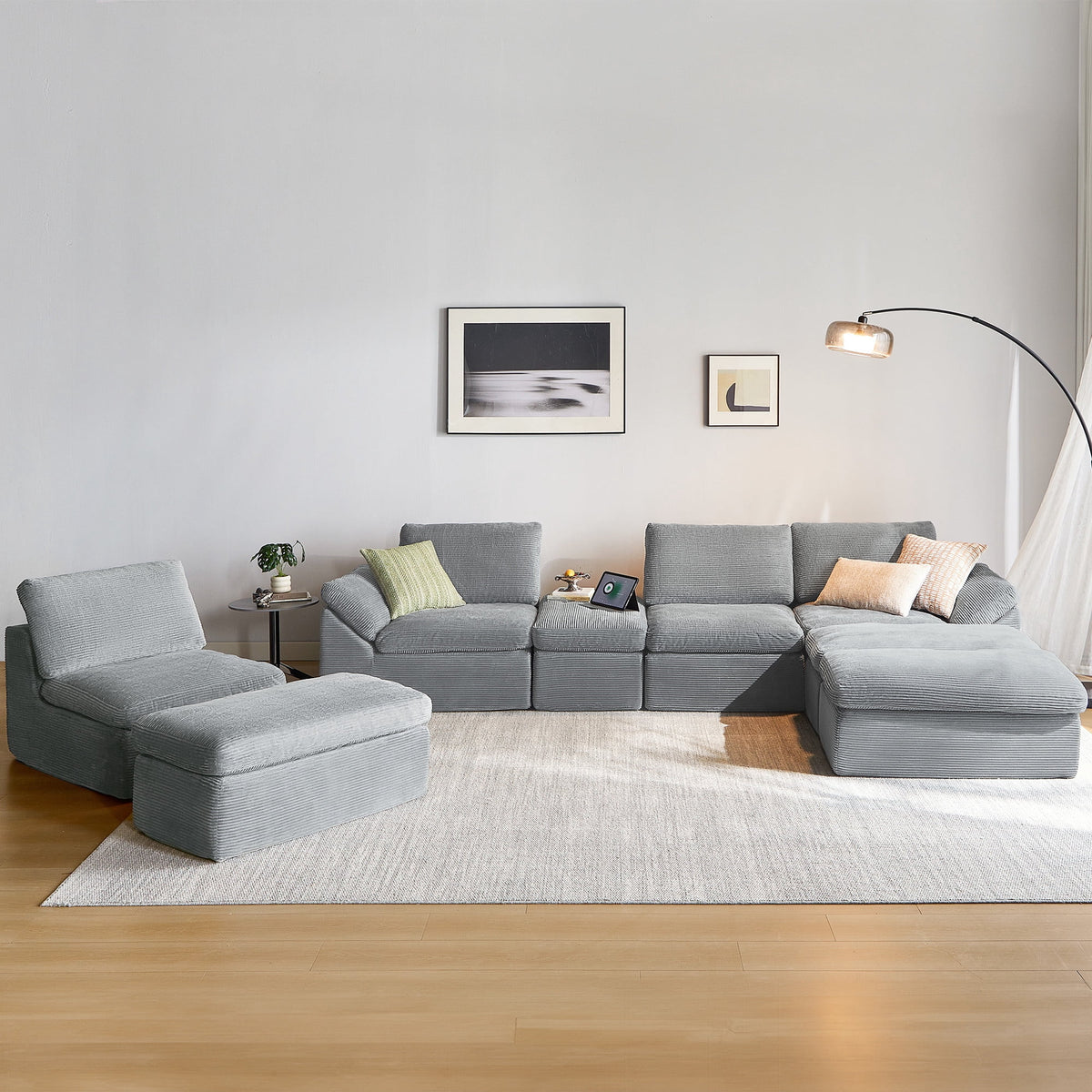 Linsy Home 2 Piece Sofa Set for Living Room, Cloud Modular Sectional Sofa with Deep Seating, Oversized Boneless Couch Set with Corduroy Fabric, Grey