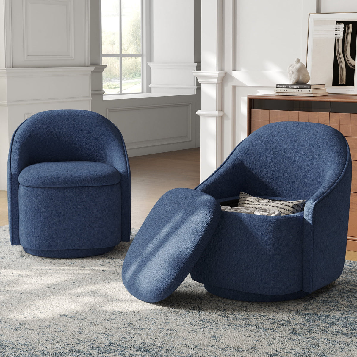 Linsy Home 360¡ã Swivel Accent Chair Set of 2 with Hidden Storage, Modern Upholstered Barrel Chair for Living Room, Blue