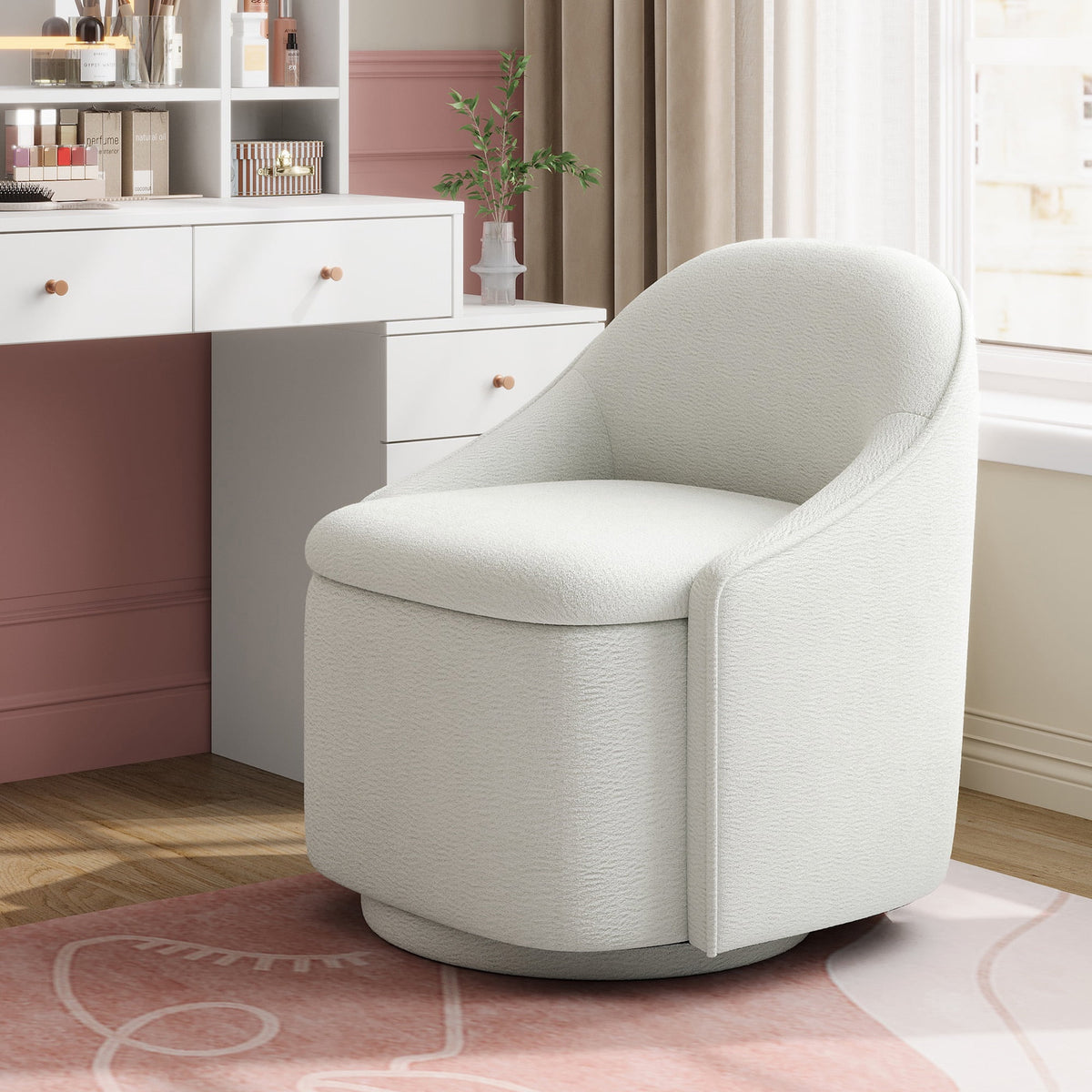 LINSY HOME 360¡ã Swivel Accent Chair, Modern Upholstered Barrel Chair  with Hidden Storage for Living Room, Beige