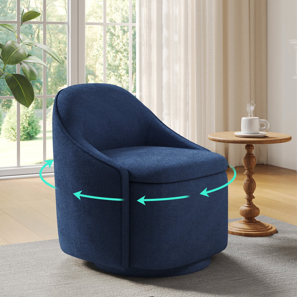 LINSY HOME 360¡ã Swivel Accent Chair, Modern Upholstered Barrel Chair with Hidden Storage for Living Room, Blue