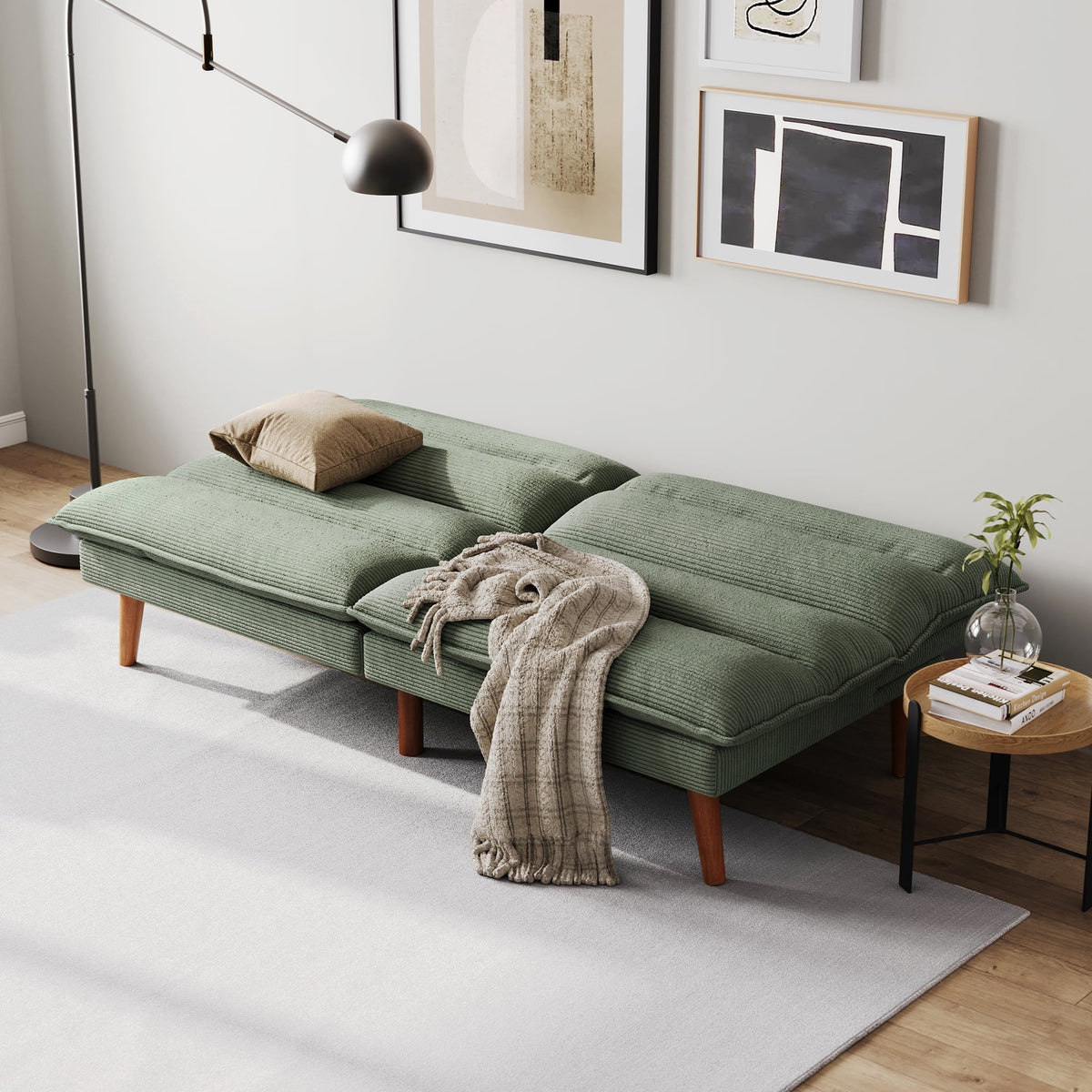 LINSY HOME Futon Sofa Bed, Solid Wood  Legs Sofa Bed for Living Room, Green