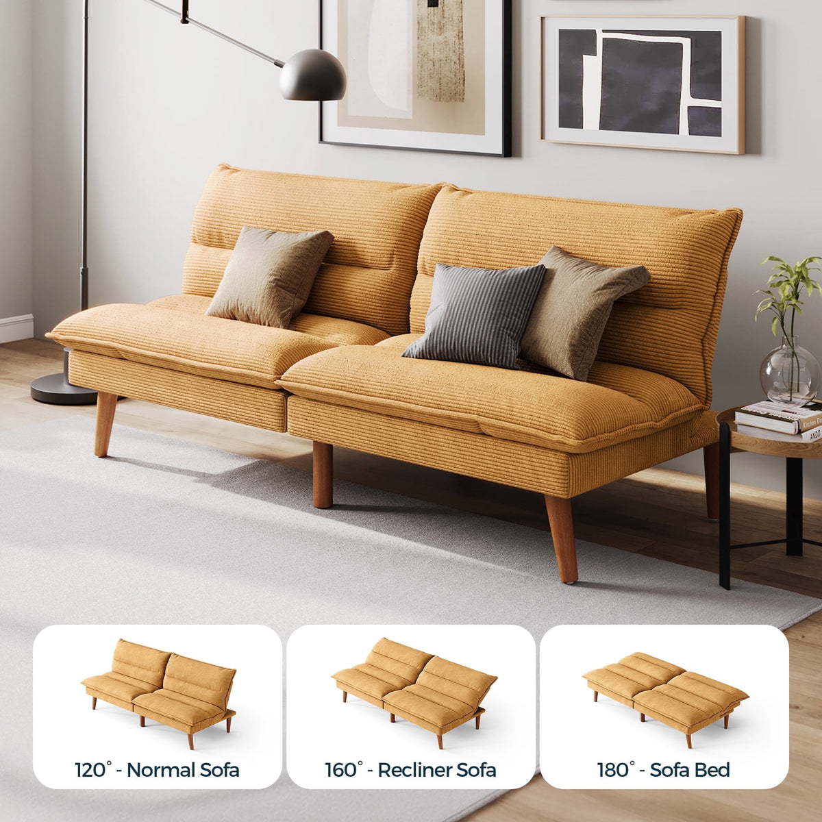 LINSY HOME Convertible Futon Sofa Bed, Convertiable Sofa Bed,  Corduroy Material Yellow