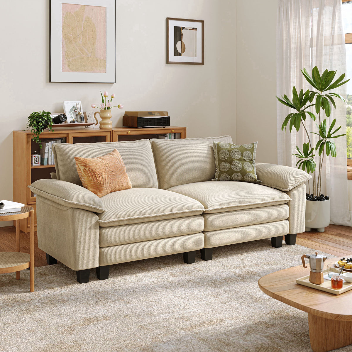 Linsy Home 90in Loveseat Sofa Couch, Oversized Corduroy Cloud Sofa for Living Room, Apartment, Office, Beige