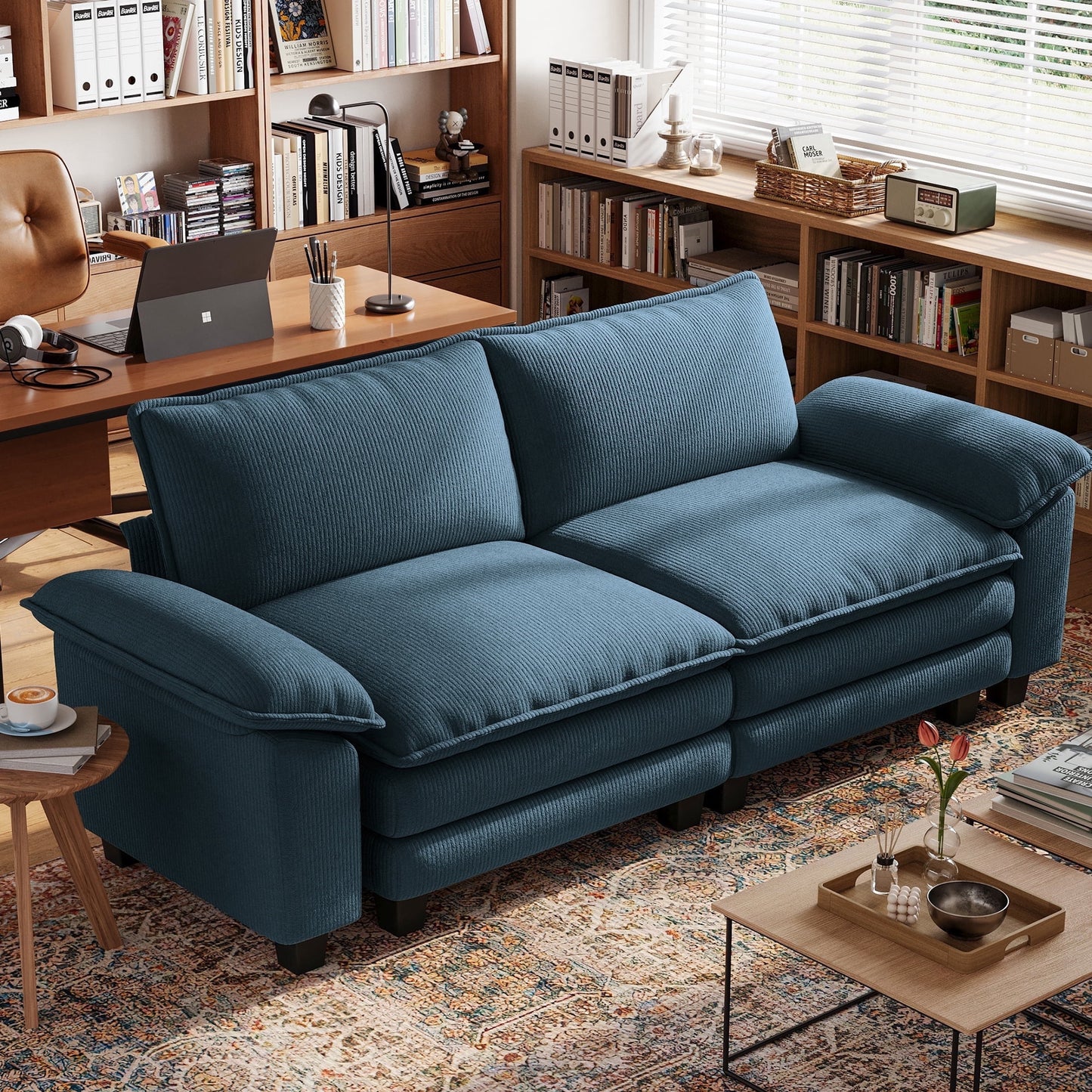 Linsy Home Oversized Corduroy 90in W Loveseat Sofa Couch for Living Room, Bedroom, Apartment and Office, Blue