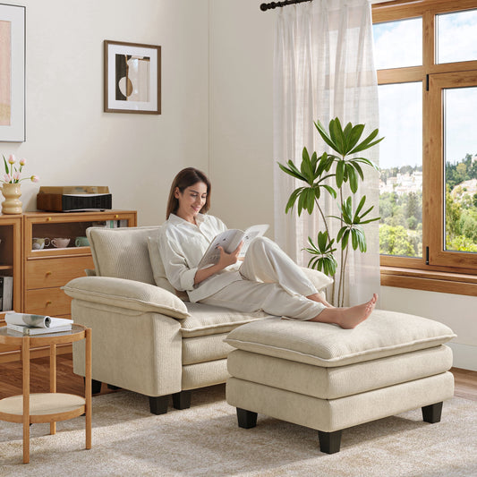 LINSY HOME Oversized Corduroy Accent Chair with Ottoman for Living Room, Beige