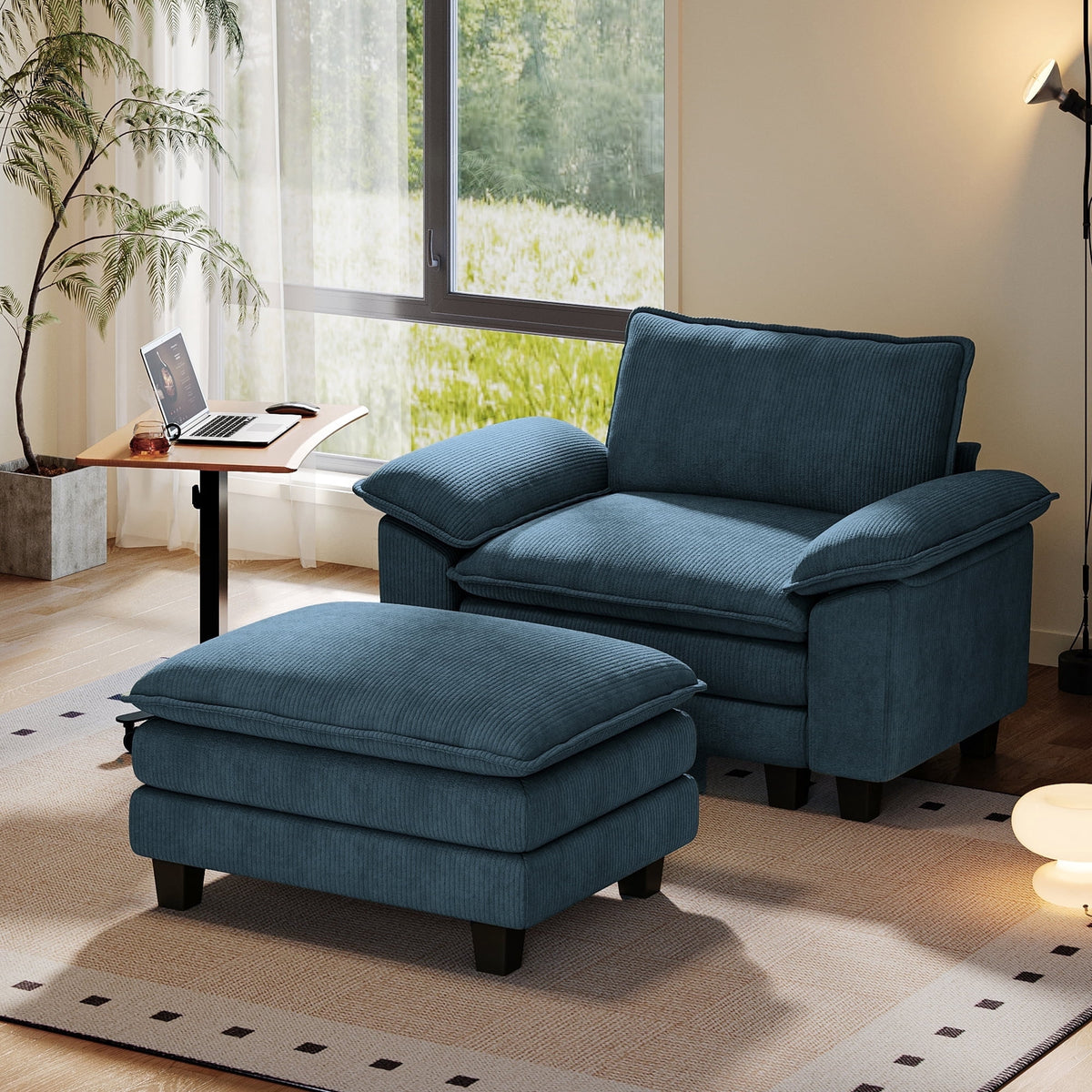Linsy Home Oversized Corduroy Accent Chair with Ottoman for Living Room, Blue