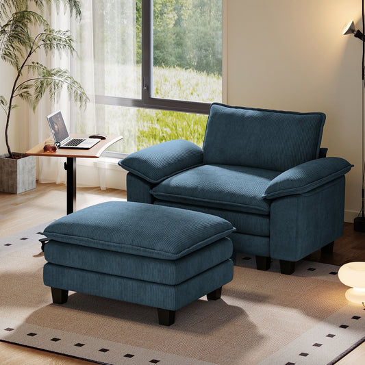 Linsy Home Oversized Corduroy Accent Chair with Ottoman for Living Room, Blue