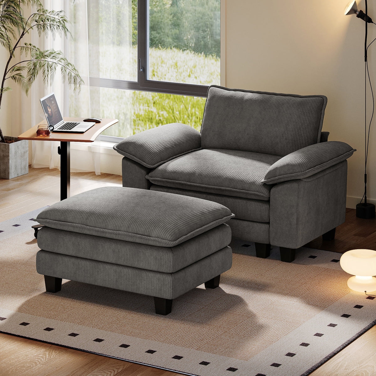 Linsy Home Oversized Corduroy Accent Chair with Ottoman for Living Room, Grey