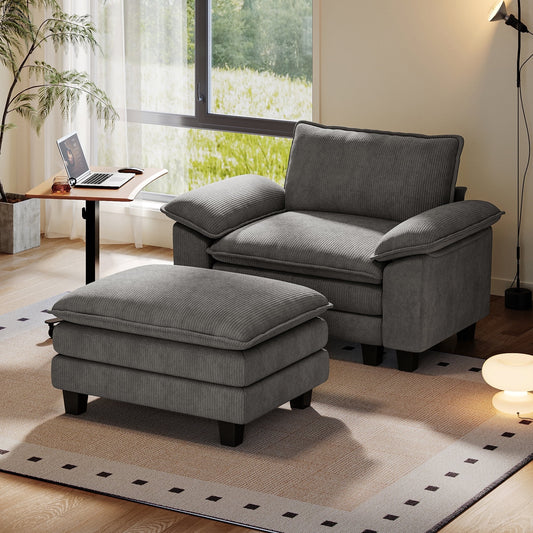Linsy Home Oversized Corduroy Accent Chair with Ottoman for Living Room, Grey