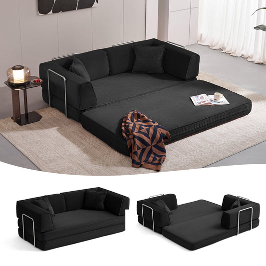 Linsy Home Oversized Corduroy Futon Sofa Bed Couch, Convertible Boneless Cloud Couch Bed, King Size Sleeper Sofa Bed With Fixed-Shape Frame, No Assembly Required, Black