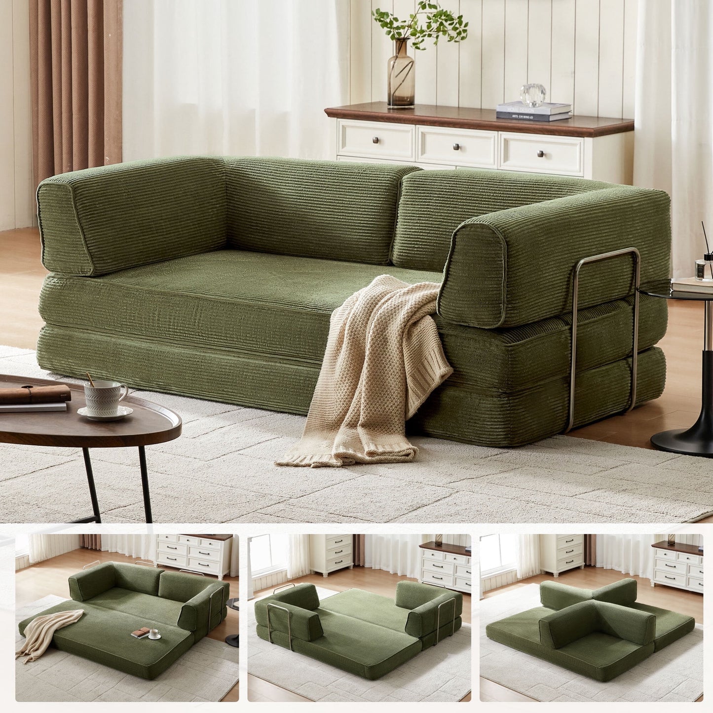 Linsy Home Corduroy Futon Sofa Bed Couch, Convertible Boneless Cloud Couch Bed,  King Size Sleeper Sofa Bed, Green