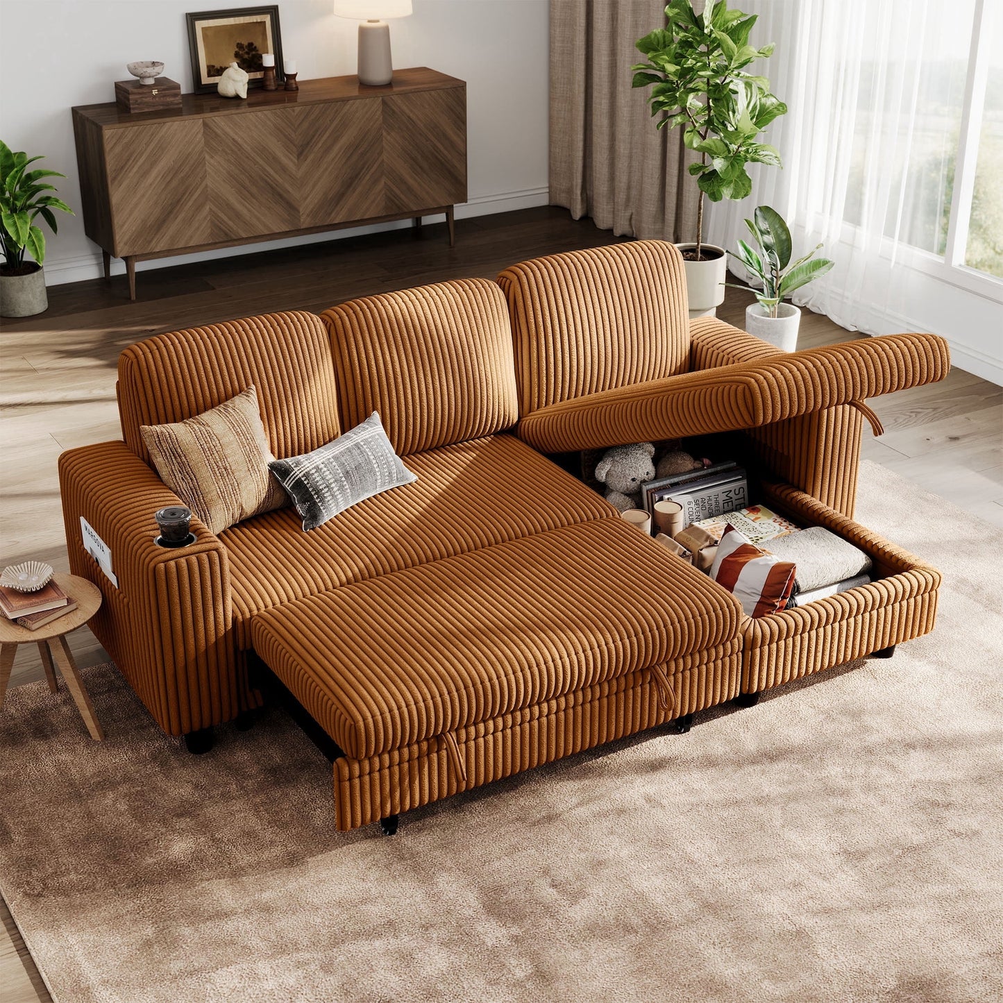 LINSY HOME L Shaped Sectional Couches for Living Room, Sleeper Sofa Bed with Reversible Storage Chaise, Pull Out Couch Bed with USB, Cup Holder, Brown