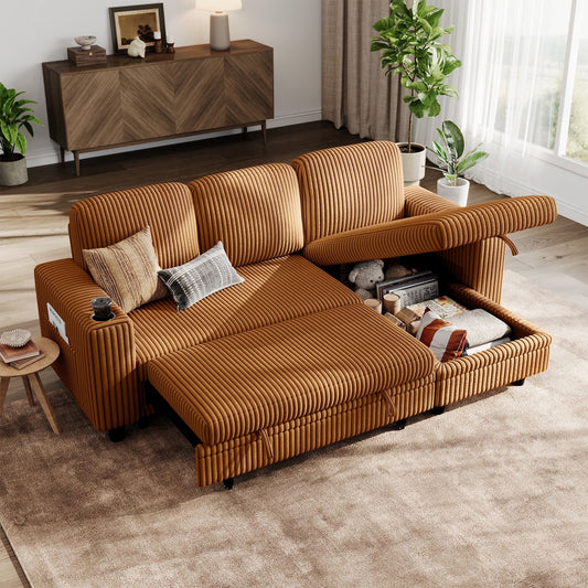 LINSY HOME L Shaped Sectional Couches for Living Room, Sleeper Sofa Bed with Reversible Storage Chaise, Pull Out Couch Bed with USB, Cup Holder, Brown