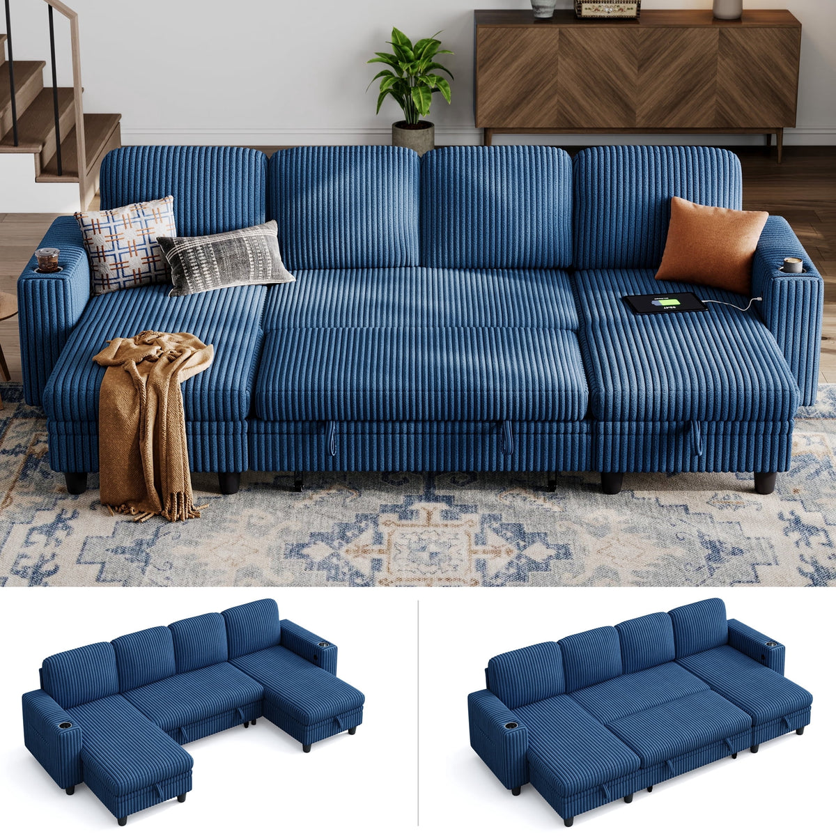 LINSY HOME Modular Sectional Sofa for Living Room, Sofa Bed with Storage Chaise, Pull Out Couch Bed, Dark Blue