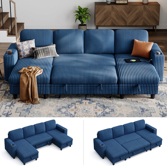 LINSY HOME Modular Sectional Sofa for Living Room, Sofa Bed with Storage Chaise, Pull Out Couch Bed, Dark Blue