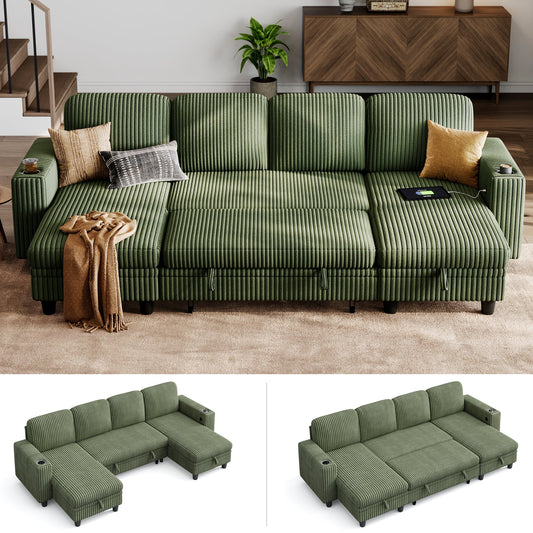 LINSY HOME U Shaped Sectional Couches for Living Room, Sofa Bed with Storage Chaise, Pull Out Couch Bed, Dark Green