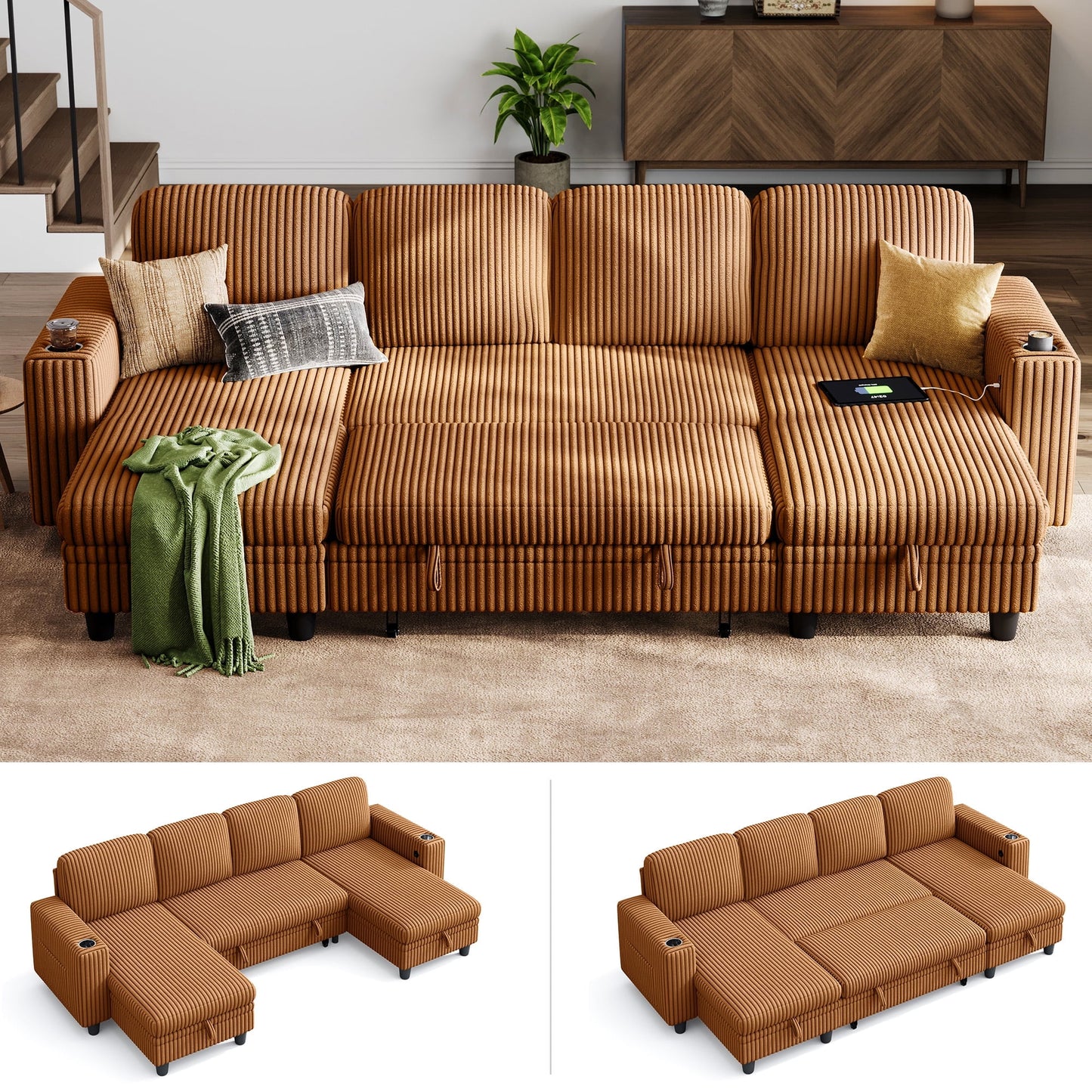 LINSY HOME U Shaped Sectional Couches for Living Room, Sofa Bed with Storage Chaise, Pull Out Couch Bed, Brown