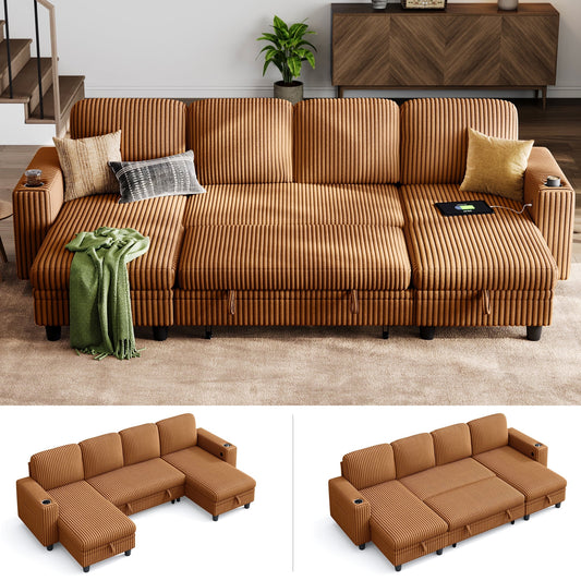 LINSY HOME U Shaped Sectional Couches for Living Room, Sofa Bed with Storage Chaise, Pull Out Couch Bed, Brown