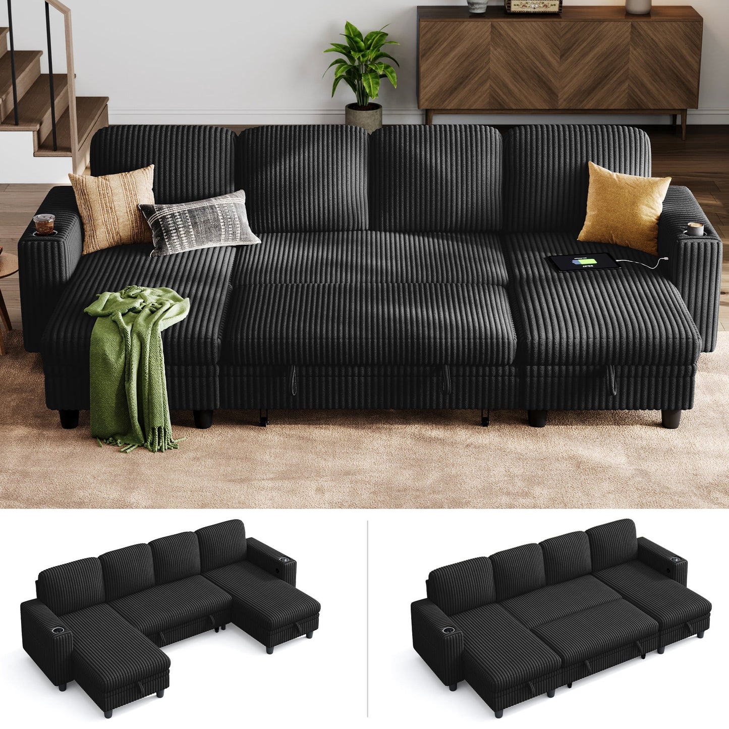 LINSY HOME U Shaped Sectional Couches for Living Room, Sofa Bed with Storage Chaise, Pull Out Couch Bed, Black