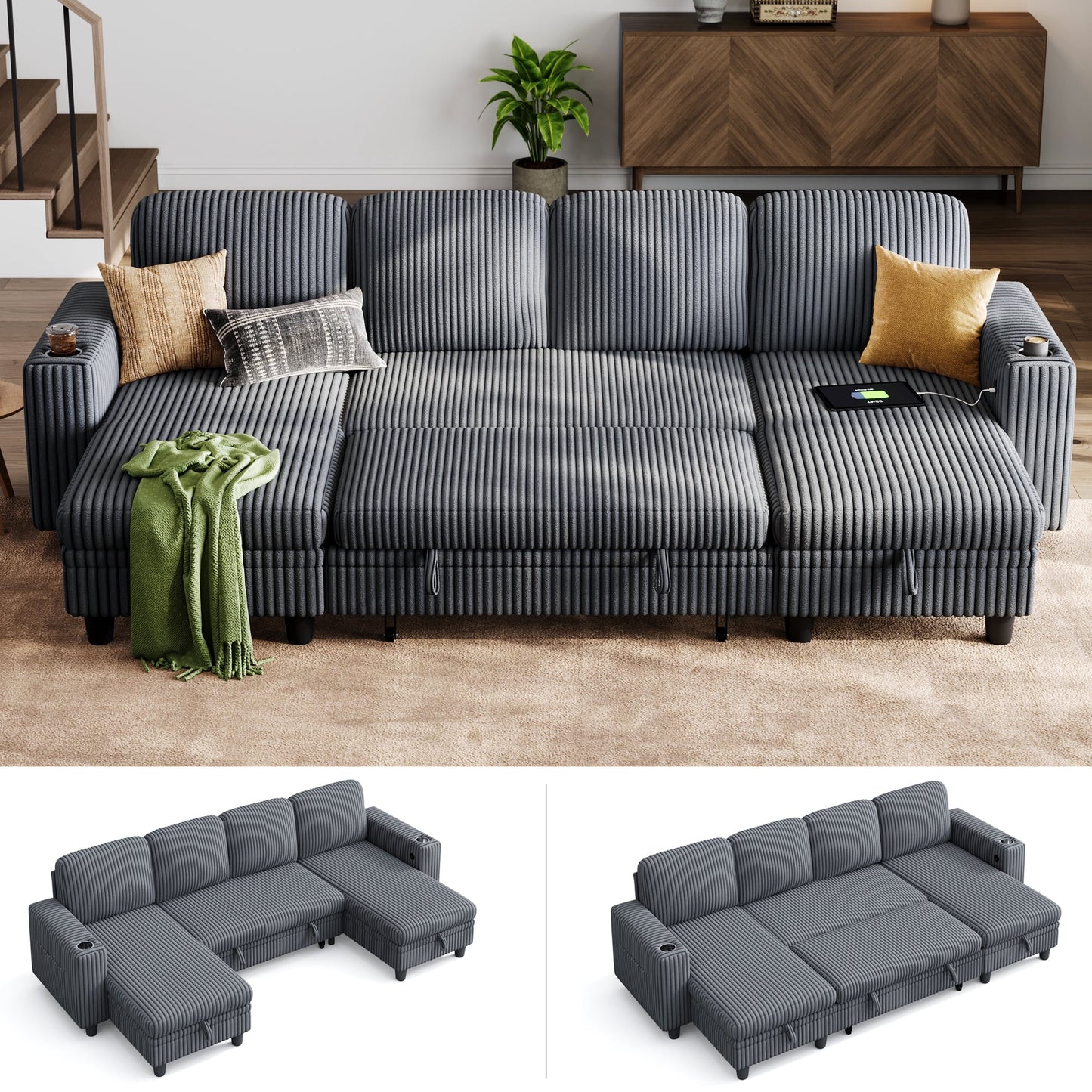 LINSY HOME U Shaped Sectional Couches for Living Room, Sofa Bed with Storage Chaise, Pull Out Couch Bed, Dark Grey