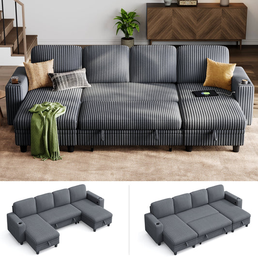 LINSY HOME U Shaped Sectional Couches for Living Room, Sofa Bed with Storage Chaise, Pull Out Couch Bed, Dark Grey