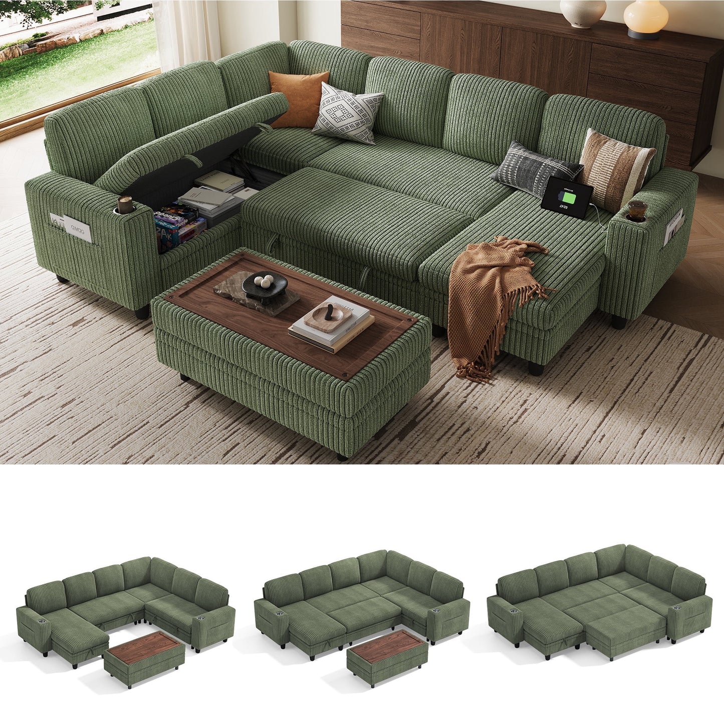 LINSY HOME 6 Seaterss Sectional Couches for Living Room, Sleeper Sofa Bed with Storage Seat, Pull Out Couch Bed with Ottoman, Dark Green