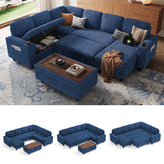 LINSY HOME Modular Sectional Sofa Couches for Living Room, Sleeper Sofa Bed with Storage Seat, Pull Out Couch Bed with Ottoman, Dark Blue