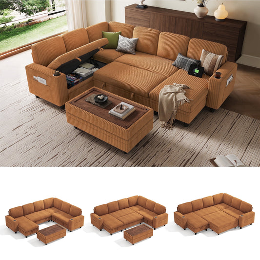 LINSY HOME Modular Sectional Sofa for Living Room, Sleeper Sofa Bed with Storage Seat, Pull Out Couch Bed with Ottoman, Brown
