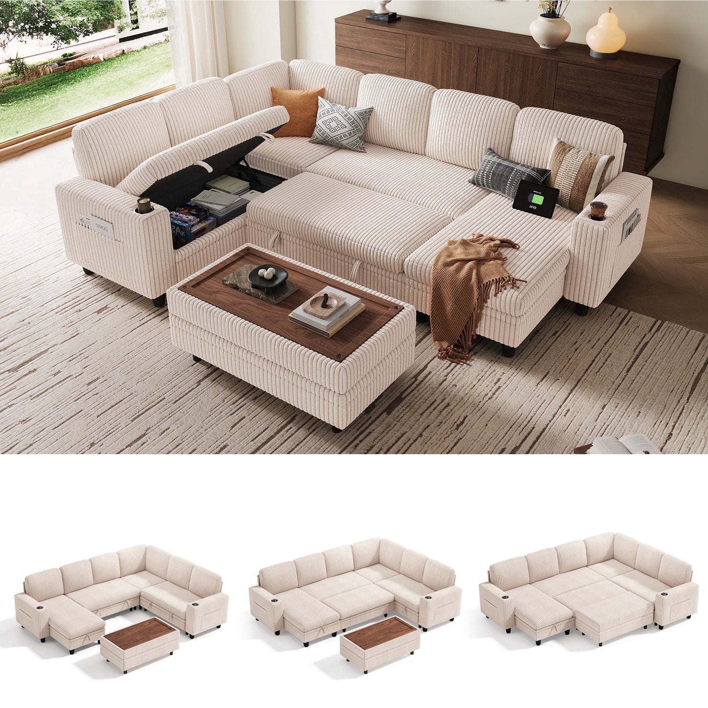 LINSY HOME 6 Seaterss Sectional Couches for Living Room, Sleeper Sofa Bed with Storage Seat, Pull Out Couch Bed with Ottoman, Beige