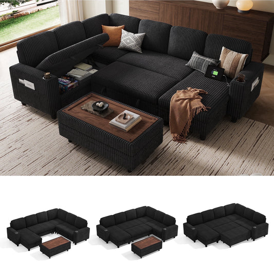 LINSY HOME 6 Seaters Sectional Couches for Living Room, Sleeper Sofa Bed with Storage Seat, Pull Out Couch Bed with Ottoman, Black